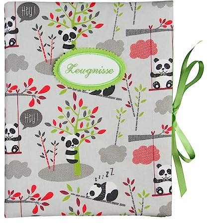 bettina bruder - Zeugnismappe DIN A4 - innen 30 Sichthüllen - Panda Baum Schaukel Punkte Pünktchen grau grün rot bunt
