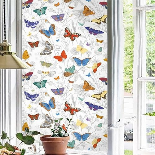 Sichtschutzfolie 3D Fensterfolie Glasdekorfolie PVC für Badezimmer Kinderzimmer Küche,Schlafzimmer Wohnzimmer Esszimmer Büro Hotels Klassenzimmer 90cmx200cmBunter Schmetterling