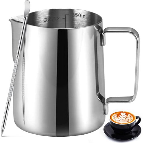 Jarra espumadora de leche – Taza espumadora de leche de 350 ml, jarra de acero inoxidable, jarra de vapor, jarra de leche para café con leche, capuchino, latte, arte, barista, jarra de leche con