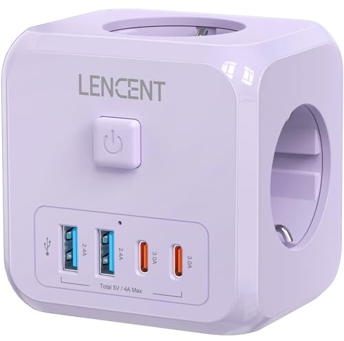 LENCENT Cubo Enchufe USB 7 en 1, Ladron Enchufes 4000W, Cubo Enchufes | Múltiples Pared con 3 Tomas de CA, 2 USB-A, 2 Tipo-C y Interruptor, Cargador para Oficina, Cocina y Habitación, Púrpura