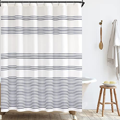 TOPICK Fabric Striped Shower Curtain White and Navy Shower Curtain Resistant for Bathroom Modern Nautical Waterproof in Bath 70x72 Inches Long Shower Curtains with Hooks for Stall Hotel