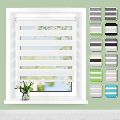 Doppelrollo Klemmfix ohne Bohren B60 x H200cm(Stoffbreite 56cm) Weiß, Rollos für Fenster, Rollo ohne Bohren mit Lichtdurchlässig und Verdunkelnd/Höhe Stufenlos Verstellbar/Kindersicherung