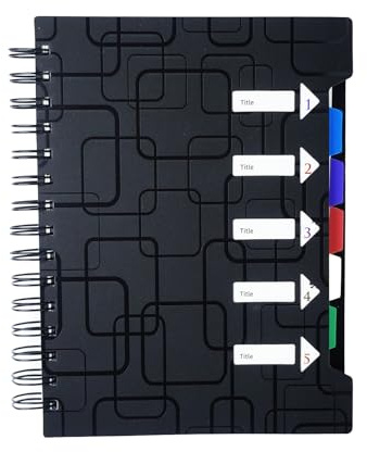BMZXCH A5 anteckningsblock med spiralavdelare med 5 färgetiketter, anteckningsbok med separatorer för kontor, skola, arbete och skola (svart, 120 ark/240 sidor)