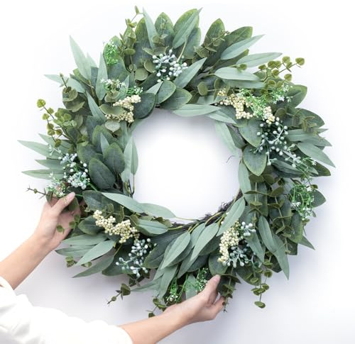 Eucalyptus Wreaths 22 Large Artificial Greenery Outdoor/Indoor Wreath Spring/Summer/Winter Wreath Green Wreaths for Front Door Porch Window Wall Hanging Decor All Year Round Wre-ath（Green）