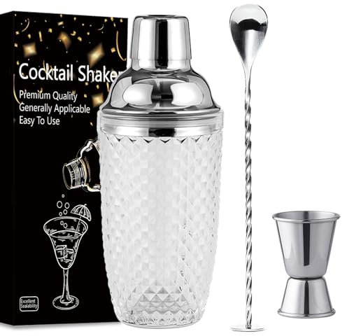 Chingcoo Cocktail Shaker 400ml Glas Cocktailshaker Klarglas Silber Cocktail Shaker Mixer Set Schaufel Anfänger Barkeeper Kit mit Edelstahl Messbecher Schaufel für Zuhause Bar Fruchtsäfte Getränke