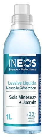 Lessive Liquide Concentrée INEOS, Un Nettoyage Imbattable Grâce Au Pouvoir Des Plantes, Adaptée Aux Peaux Sensibles, Efficace Dès 20°C, Parfum Sels Minéraux et Jasmin, 1L (33 lavages)