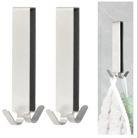 YoHyien 2 Pièces Crochet Douche, Porte Serviette Paroi de Douche Verre, Double Face Allongés avec Coussinet EVA, Crochet Paroi Douche en Inox pour Porte en Verre de Salle de Bain 5–10 mm (Argenté x 2)