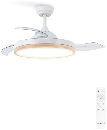 CREATE / WIND CLEAR M/Ventilador de techo con luz madera clara con mando / 40W, Ø108 cm, temporizador, 6 velocidades, aspas retráctiles, 3 temperaturas de luz, función verano-invierno