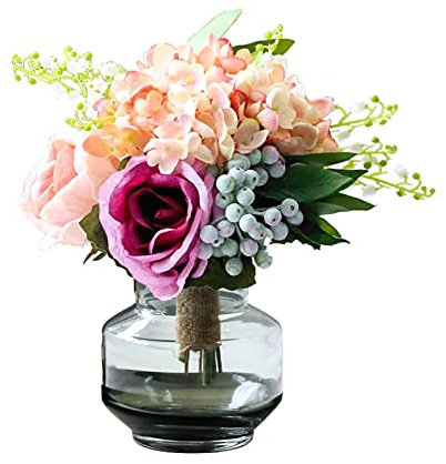 EYRMQWJPC Décoration de la Maison Plantes dans Un Vase en Verre Blanc, Fleurs artificielles en Soie avec décorations de vases Ronds