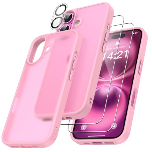 FLLAO 4 in 1 Cover per iPhone 16 Custodia con 2 Pellicola Vetro Temperato e 1 Fotocamera Protettiva, [Cuscino d'aria integrato] Morbido TPU Bumper Protection Cover iPhone 16, Rosa