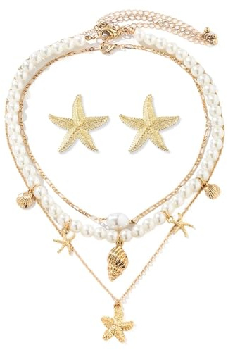XZSKD 3/4 Layers Ocean Charm Necklace Set with starfish earrings, shell necklace starfish necklace 14K Gold Plated Starfish Gold Earrings for Women Girls