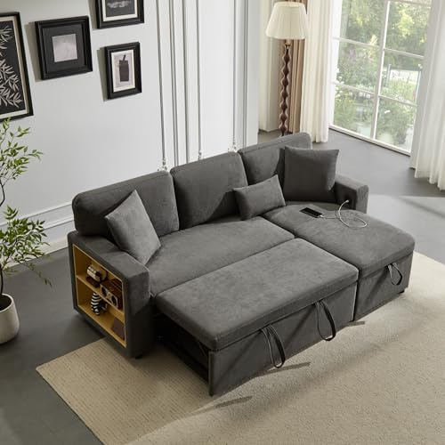 Merax Ecksofa, Sofa mit Schlaffunktion, Schlafsofa mit Bettkasten, USB, Seitentaschen und integriertem Regal, Schlafsessel mit Bettfunktion, Ausziehbar L-Form Sofa für Wohnzimmer Schlafzimmer, Grau