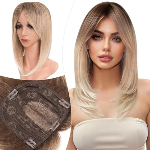 Elailite Hair Topper Clip In Haarteile Haartopper mit Pony Mittelbraun/Goldblond/Blassblond, Extensions Für Dünnes Haar Oberkopf Haarteil Toupet Frauen Haarverlängerungen Lace 15cmx15cm (35cm, 120g)