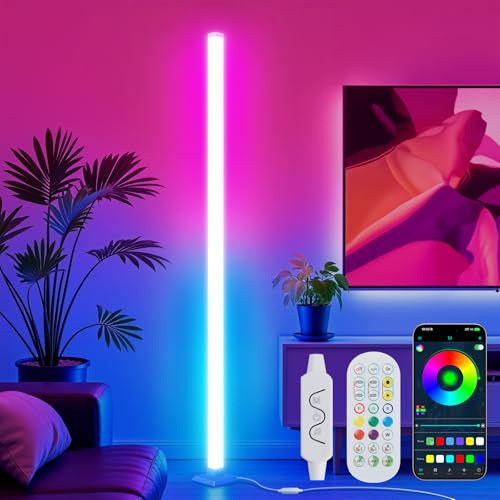 Rosnek LED Stehlampe Wohnzimmer, 150cm RGB LED Standleuchte Dimmbar Ecklampe mit Fernbedienung & APP, DIY RGB Lightbar, Musik-Sync, 16 Millionen Farben, Floor Lamp für Schlafzimmer, Spielzimmer