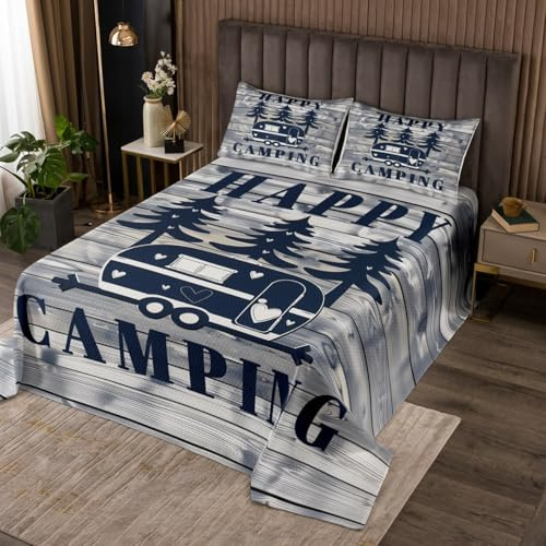 Homemissing Glückliches Camping Tagesdecke 170x210cm Wohnwagen Steppdecke für Kinder Jungen Mädchen Abenteuerthema Wohndecke Rustikales Bauernhaus Wohndecke
