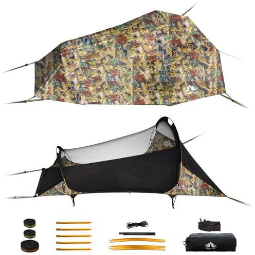 Night Cat Hammock Tent for 1 Person: Triangle Flat Bottom Hammock with Mosquito Net and Outdoor Camping Waterproof Tarp for Backpacking in Jungle Camouflage