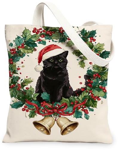 Bolsas de lona para festividades, diseño de gato festivo y corona, bolsas de compras reutilizables, bonitas y ligeras y lavables, Blanco, 13x15 Inch