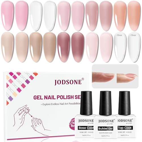 JODSONE Set 10 Colori Gel Costruttore Rinforzante per Unghie - Con Base e Top Coat No Wiping, Gel per Estensione e Ricostruzione Unghie Forti e Durevoli, Fai da Te