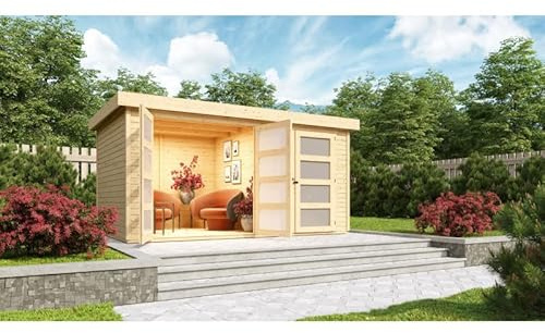 Karibu | Abri de Jardin Bois Massif 10,98m² Mühlentrup 2 avec Cloison | Épicéa Nordique Naturel | Toit Plat, Feutre Bitumé | Double Porte Vitrée + Porte Simple | 404x272cm