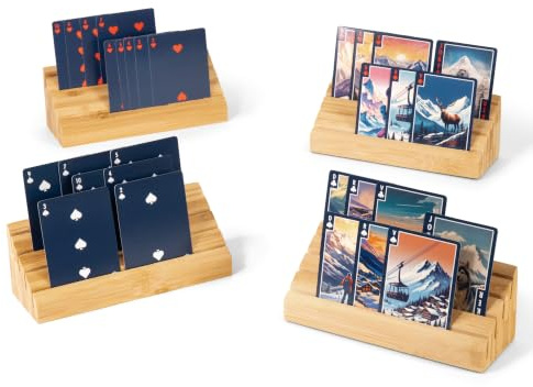Osco Playing Card Holders Set of 4, Bamboo Card Deck Organiser Tray for Poker, Bridge, Rummy & Tabletop Board Games, Hands Free Cards Rack for Adults & Kids, Each Unit Measures H6.5×W18×D6.5 cm
