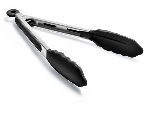 Doosu Silikon Küchenzange Grillzange, 315℃ hitzebeständig, 23cm, Schwarz | Kochzange mit Gummispitzen, kratzschonend, verriegelbar, rutschfest robust für Pfanne Airfryer, Spaghetti Nudeln Steak Salat