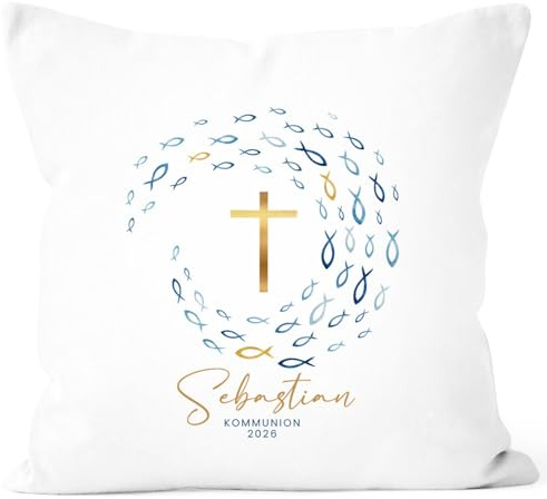 SpecialMe® Kissen-Bezug - Fisch Kreuz Kranz- Geschenk Kommunion Personalisiertes Kissen Mit Name Wunschtext Baumwolle 40x40 Weiss Standard