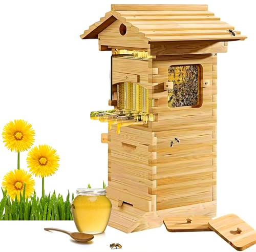 Lunauemaya Flow Hive, Bienenstock-Set, Holz-Bienenstock mit 4 Rahmen und 6 Wabenschalen, Automatischer Honigablass-Bienenstock für Anfänger und Profi-Imker, Einfach zu Montieren