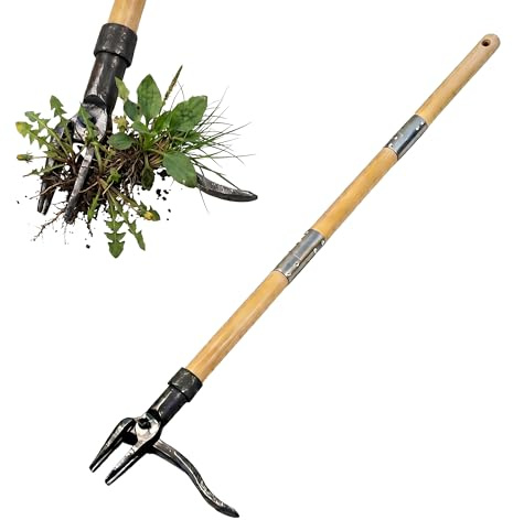 Relaxdays Unkrautstecher mit langem Stiel, 110 cm, Fußtritt, Bambus, Eisen, Unkraut jäten, Löwenzahnstecher, Natur/grau