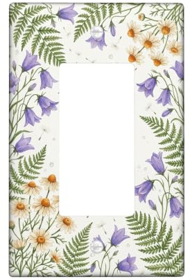 Bellflower Single Rocker Light Switch Cover, Floral Natural Fern Chrysanthemum Spring Violet Plastic Standard Size Decorative Wall Plates for Home Living Room Bedroom Bathroom Decor