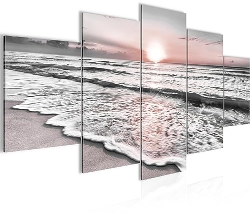 Runa Art Bild Schlafzimmer Wohnzimmer Sonnenuntergang Strand 5 Teilig Landschaft Grau Rosa Wandbilder auf Vlies Leinwand 023753b