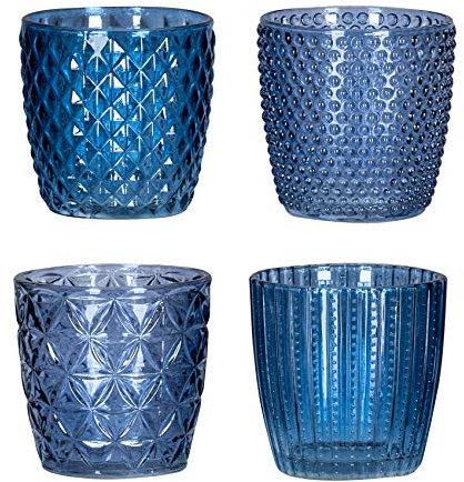 Lot de 4 photophores en verre bleu - Hauteur : 7,5 cm - Décoration de table