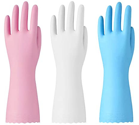 Bamllum Rubber Cleaning Gloves - 3 Pairs Latex Free Kitchen Cleaning Gloves with Cotton Liner- Household Dishwashing Gloves, Non- Slip Waterproof (Small, Blue+Pink+White)