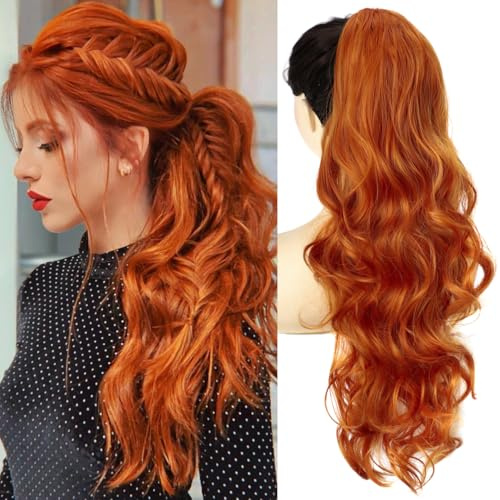 YEESHEDO Pferdeschwanz Haarteil Clip Extensions mit Kordelzug Lang Wellig Haarverlängerunge Natürliche Perücke Afro Lockige Ponytail fuer Zopf (Ingwer)