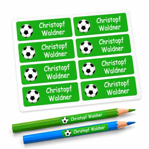 INDIGOS UG® 80 x Namensaufkleber 35x10mm - Fußball - fester Untergrund - für Kinder, Schule und Kindergarten - Stifte, Federmappe, Lineale - individuell personalisiert