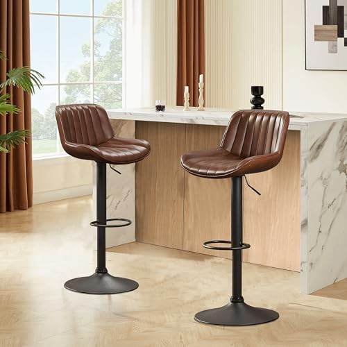Zouron Barhocker 2er Set, Barstuhl Höhenverstellbar, 360° Drehbar Tresenhocker Bistrohocker Küchenstühle mit Rückenlehne für Bartheke, Küche und Esszimmer, Braun