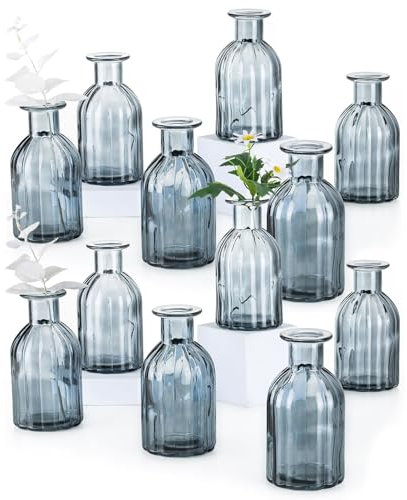 Glasvaser för julbordsdekoration – Inweder uppsättning av 12 små blomvaser vintage ribbad knoppvas smal hals grå glasflaskor bröllop mittstycken växt förädlingsstation rum dekor