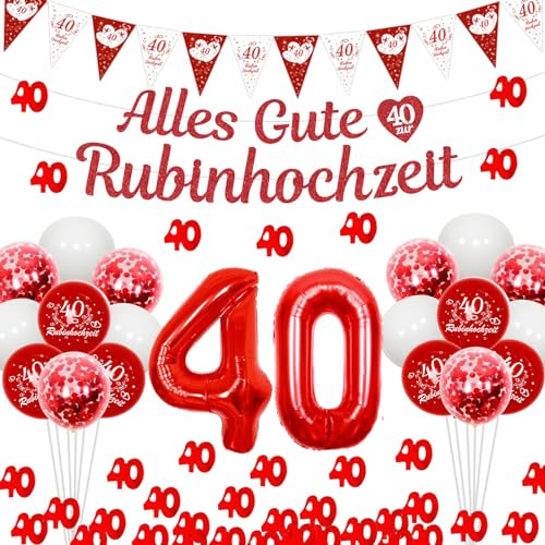 Cheereveal Rubinhochzeit Dekoration, Alles Gute zum 40 Rubinhochzeit Banner, Rote Nummer 40 Folienballons, Wimpel Flagge, Tisch 40 Konfetti, 40. Hochzeitstag Partybedarf Deko für Paar Eltern