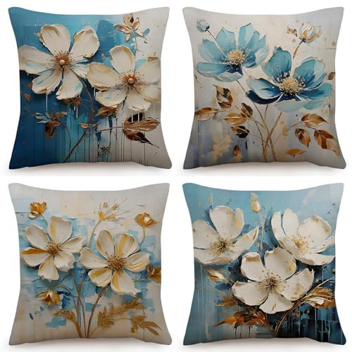 OYIMUA 4er Set Blue Kissenbezug 40x40 Blumen Kissenbezüge Leinen Deko Sofakissen Quadratisch Kissenhülle Garten Dekokissen Outdoor Kissen Bezug Zierkissen Aesthetic Couchkissen
