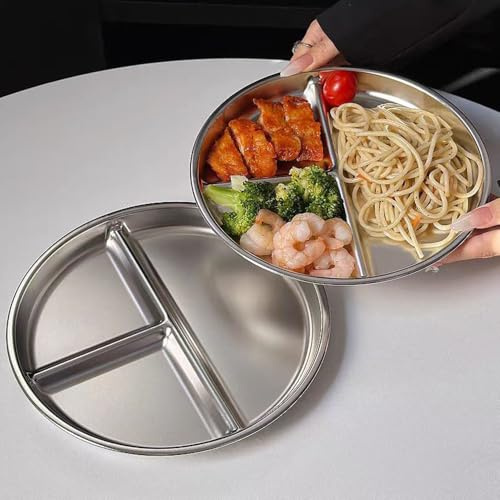 RUIBOLU Platos de control de porciones de acero inoxidable para adultos pérdida de peso/dieta diabética/plato dividido irrompible redondo de metal platos/cocina, camping, picnic, 9 pulgadas (2)