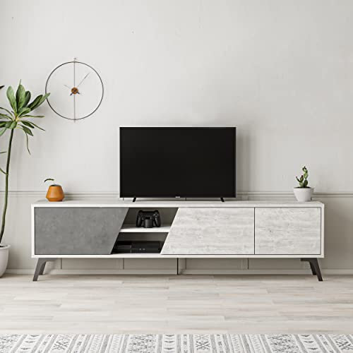 HOCUS PICUS TV Stand | 3-Door & 2-Tier Shelf Wooden Storage Cabinet | Modern TV Unit for Living Room | Lowboard Table for 65 TVs | 180cm Ancient White, Retro Grey