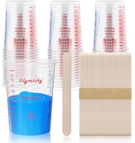 50 Pack Plastic Mixing Cups, 20 oz (600ml), Disposable Measuring Cups with 50 Wooden Mixing Sticks, Measurement ratios: 2:1, 3:1, 4:1, Suitable for Epoxy Resin, Liquid Measuring, and Paint