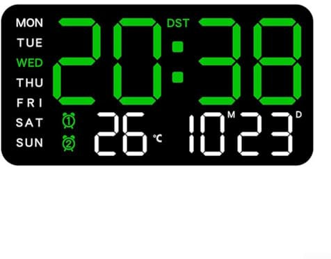 Reloj de Pared Digital Grande, Temporizador LED Con Temperatura, Fecha, Semana, Automático, DST, Brillo Ajustable, Despertador (E)