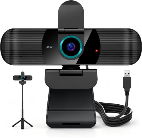 RUWBY QHD 2K Webcam with Built-in Dual Mics, Wide-Angle Lens, Privacy Cover, Tripod Stand, Autofocus Computer Camera, Plug and Play for Desktop PC or Laptop