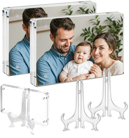 YUANQIAN Lot de 2 cadres photo magnétiques en acrylique transparent de 15,2 x 10,2 cm avec support – Affichage double face sans cadre pour décoration de maison/bureau, design cube flottant,