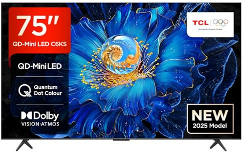 TCL 75C6KS-UK QD-Mini LED TV, 4K HDR Premium, Powered by Google TV (Dolby Vision & Atmos, Onkyo 2.1 Sound System, Hands-Free Voice Control, Apple AirPlay 2 & Alexa，2025 New Model)