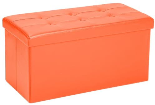 COSYLAND Pouf de Rangement Pliable en Similicuir – Ottoman avec Couvercle 76x38x38 cm, Banc Coffre Repose-Pieds 200 kg, Tabouret de Salon avec Espace de Stockage Caché – Orange