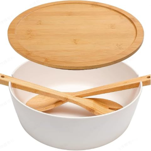 Ensaladera con tapa de bambú y cubiertos, juego de ensaladas para ensalada de ramen, cereales, aperitivos