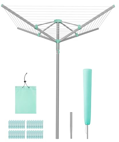 SONGMICS Umbrella Clothesline, Rotary Washing Line, Foldable Heavy-Duty Outdoor Clothes Drying Rack with Clips, Cover, Ground Anchor, 147.6 ft (45 m) Long for 4 Loads of Laundry, Silver ULLR306EZ01