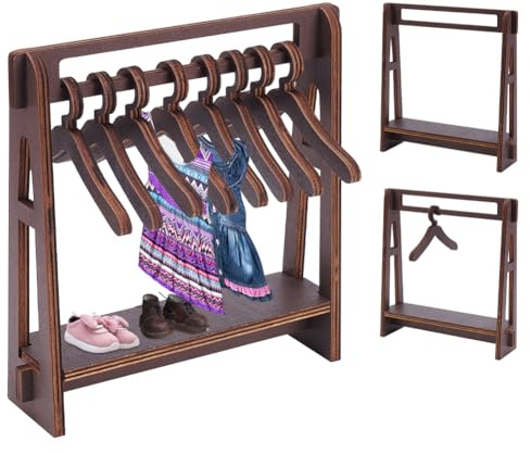 UNICRAFTALE Holz Kleiderständer Für Puppen Mit 10 STK Kleiderbügeln Mini Kleiderständer Kokosbraune Puppenkleider Aufbewahrung Puppengarderobe 19x5,2x21cm