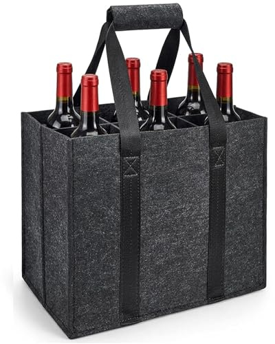 Kisstta Flaskväska 6 flaskor, filtflaskpåse med handtag, vikbar flaskhållare med skiljeväggar, flaskväska för vin, drycker, vinflaskor, flaska, 27 x 18 x 27 cm, Grå 1, Flaskväska 6 flaskor